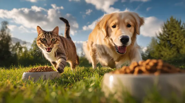 Hund und Katze fressen gemeinsam im Grünen