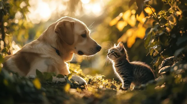 Hund und Katze im Herbstgarten bei Sonnenuntergang