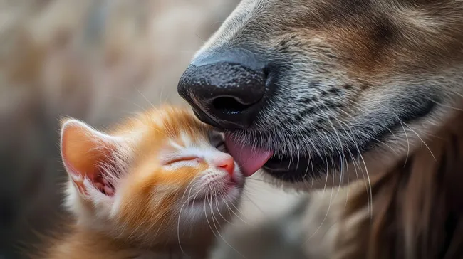 Hund und Katze in liebevoller Umarmung