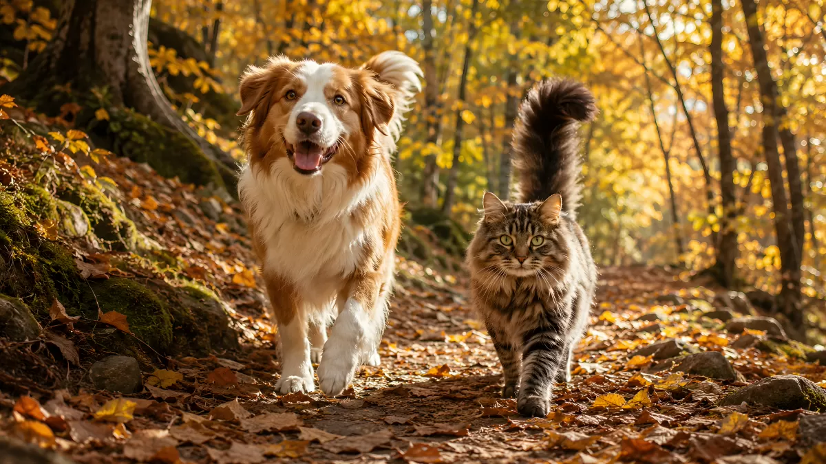 Hund und Katze spazieren gemeinsam im Herbstwald