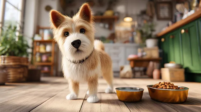 Hund wartet in der Küche auf Futter