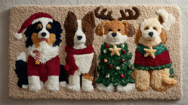 Hunde in Weihnachtskostümen auf Teppich