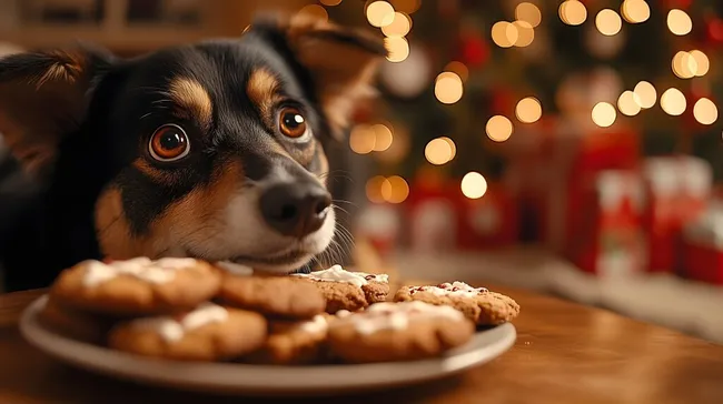 Hundeblick auf Weihnachtsplätzchen mit Lichterketten