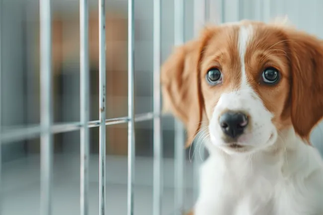 Hundeblick aus Käfig in Tierheim