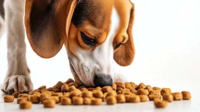 Hundefutter-Mahlzeit für Beagle vor weißem Hintergrund