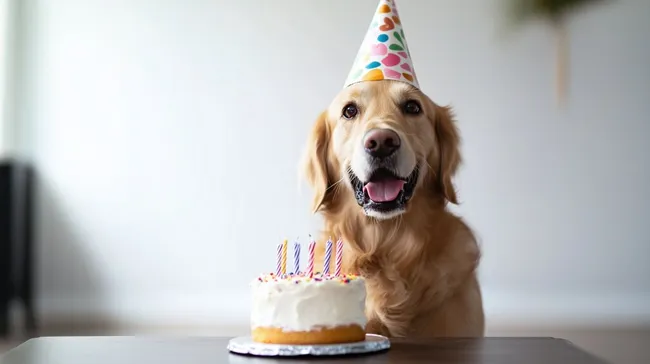 Hundegeburtstagsfeier mit Kuchen und Partyhut