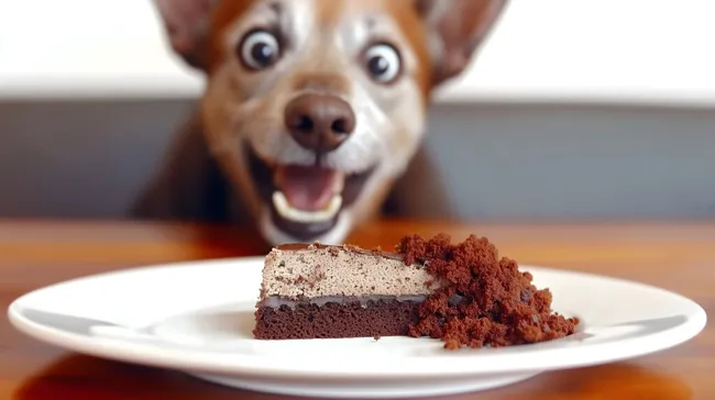 Hundemündiger Schokoladenkuchengenießer mit erwartungsvollem Blick