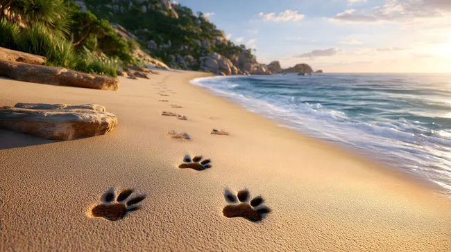 Hundepfoten-Abdrücke am Tropenstrand bei Sonnenuntergang