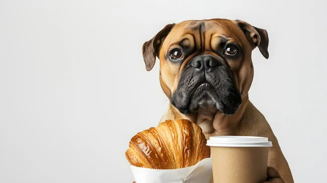 Hundeporträt mit Croissant und Kaffee vor weißem Hintergrund