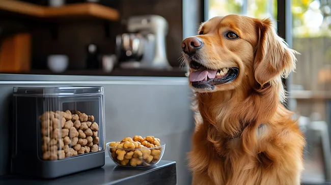 Hundeportrait in moderner Küche mit Hundenäpfen