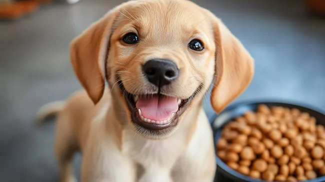 Hundeportrait mit Futter-Napf - fröhlicher Vierbeiner wartet auf Leckerchen