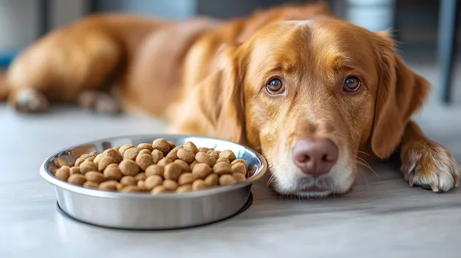 Hundeportrait mit Futternapf auf dem Boden