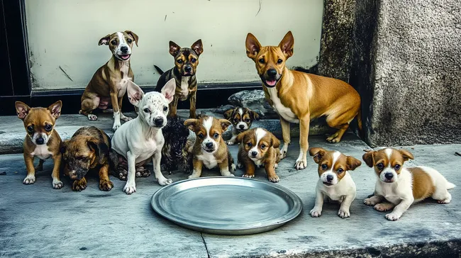 Hundeschar wartet auf Futter auf betonigem Untergrund