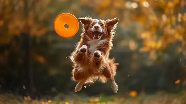 Hundesprung mit Frisbee im Herbstwald