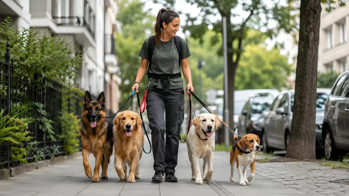 Hundetrainerin führt vier Hunde an der Leine durch die Stadt