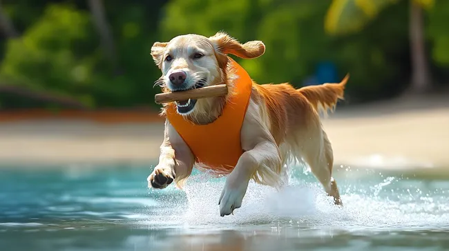 Hundetreiben mit Schwimmweste im Pool