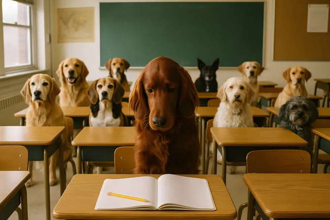 Hundeunterricht in der Schulklasse - Kreative Stockfoto-Idee