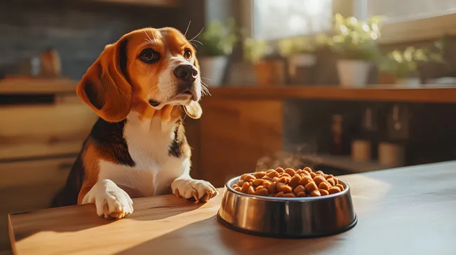 Hungriger Beagle blickt auf Napf mit frischem Hundenäpfen