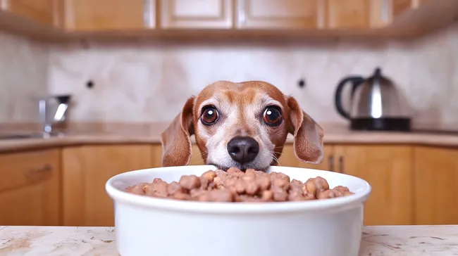 Hungriger Beagle erwartet sein Futter in der Küche