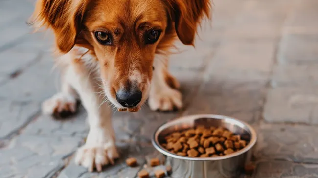 Hungriger Hund beim Fressen aus Napf