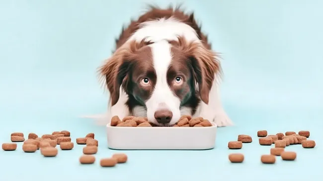 Hungriger Hund frisst Leckerchen auf Türkis