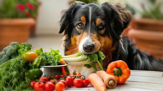 Hungriger Hund knabbert an frischen Gemüsestücken