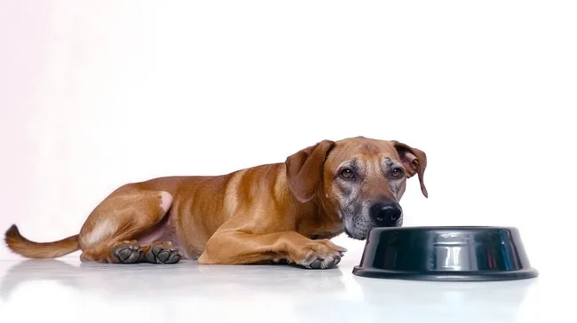 Hungriger Hund wartet sehnsüchtig auf Futter