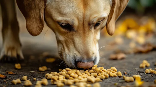 Hungriger Labrador kaut genüsslich auf Trockenfutter