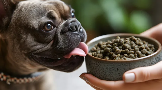 Hungriger Welpe schaut sehnsüchtig auf Hundenäpfchen mit Trockenfutter