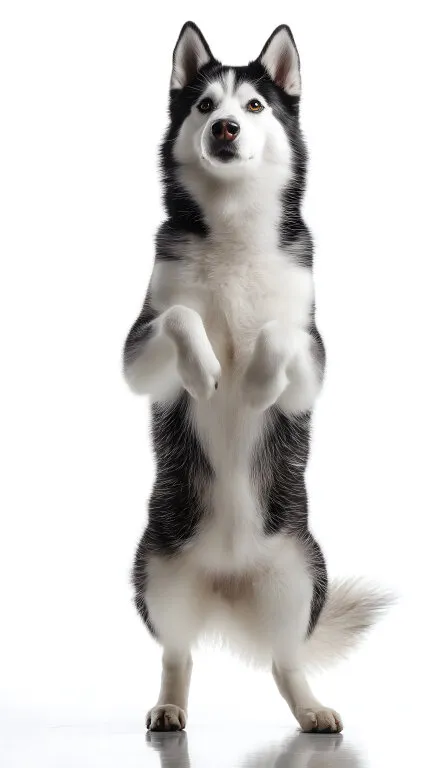 Husky-Hund steht aufrecht auf zwei Beinen vor weißem Hintergrund