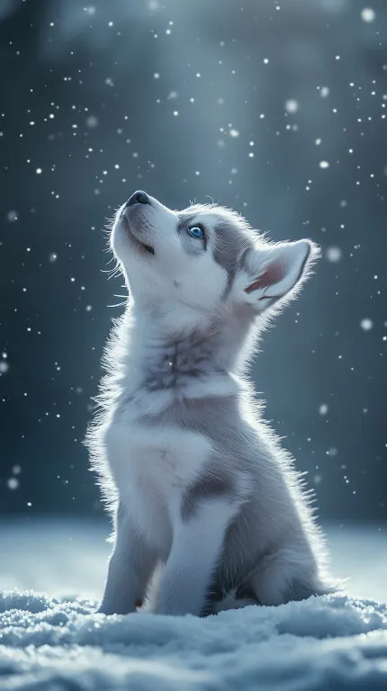 Husky-Welpe mit strahlenden Augen im Schneesturm
