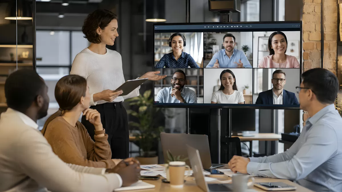 Hybride Teambesprechung mit Videokonferenz im Büro