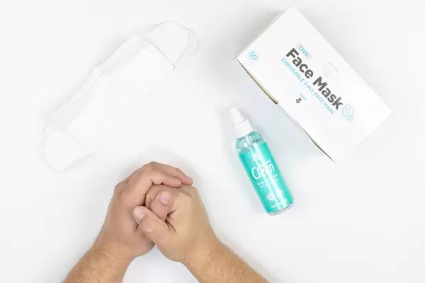 Hygiene of the hands and box with face masks in the time of Covid 19