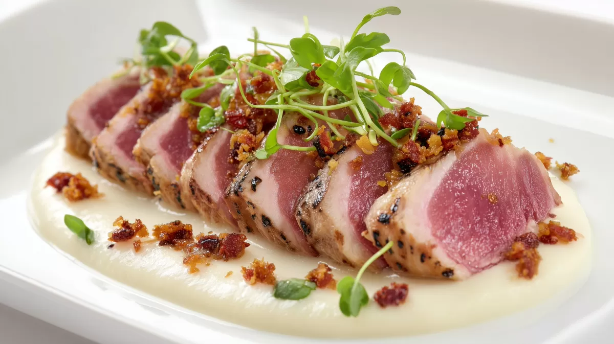 Iberico Pluma mit Spargel Pree und Microgreens