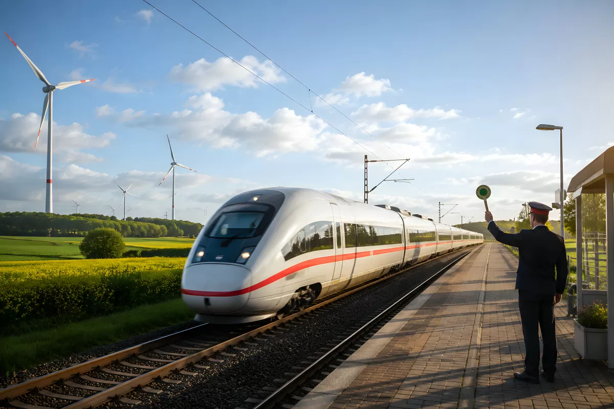 ICE-Zug fährt an kleinem Bahnhof mit Schaffner vorbei