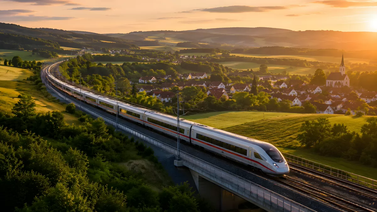 ICE-Zug fährt bei Sonnenuntergang durch hügelige Landschaft