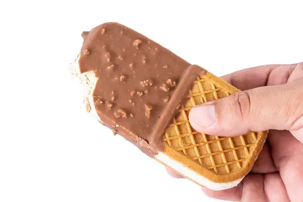 Icecream Sandwich in the hand above white background (Flip 2019)