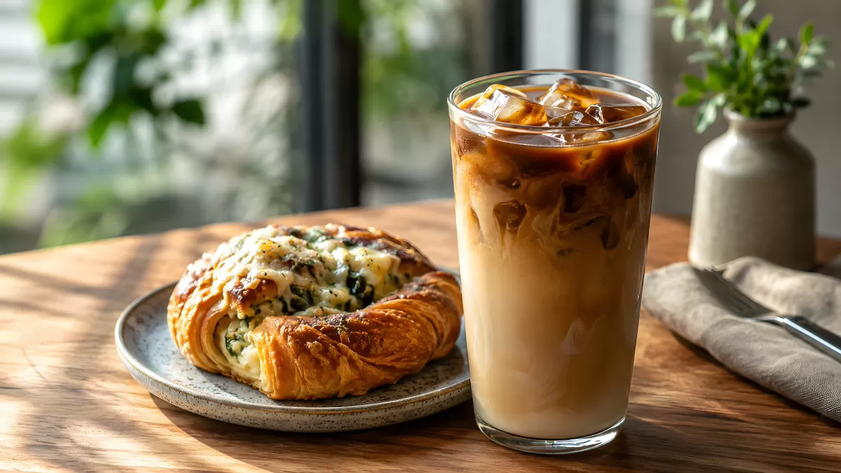 Iced Latte mit Croissant auf Holztisch im Café
