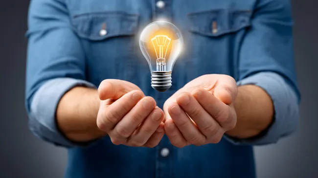 Idee als leuchtende Glühbirne in offenen Händen