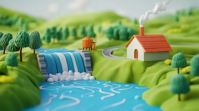 Idyllische 3D-Landschaft mit Fluss und Cottage