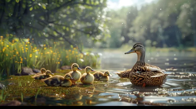 Idyllische Ente mit Küken an Waldteich