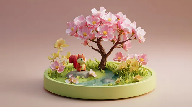 Idyllische Frühlingsszene mit blühender Bonsai-Pflanze und Eichhörnchen