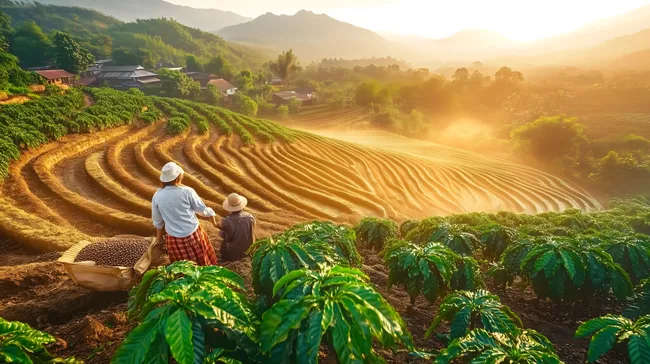 Idyllische Kaffeeplantage mit Bergpanorama in Costa Rica