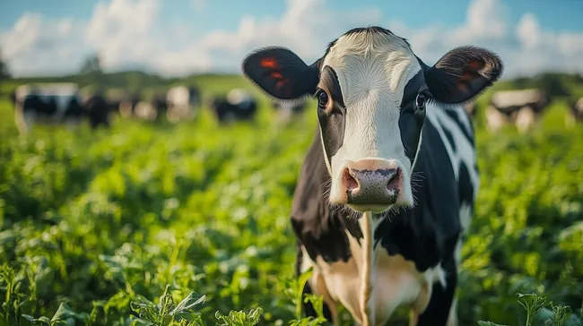 Idyllische Kuh auf grüner Weide bei Sonnenschein