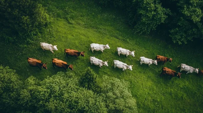 Idyllische Kuhherde auf grüner Wiesenlandschaft