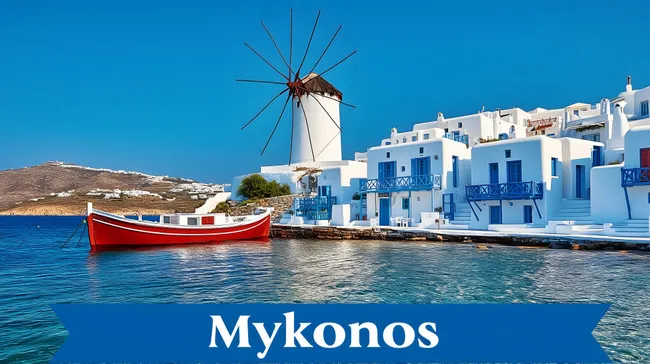 Idyllische Kykladen-Insel Mykonos mit Windmühle