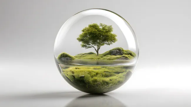 Idyllische Landschaft in transparenter Glaskugel