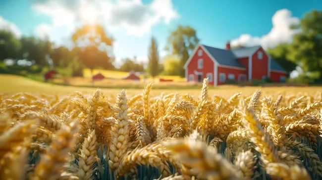 Idyllische Landschaft mit goldenem Weizenfeld und roter Scheune