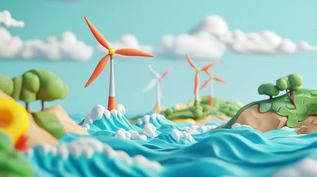 Idyllische Landschaft mit Windkraftanlagen am Meer