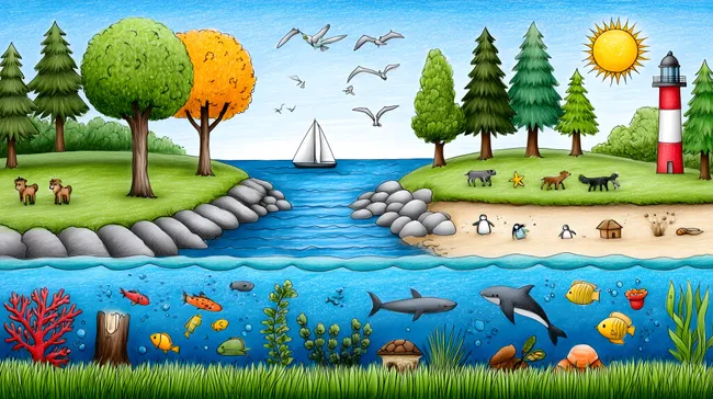 Idyllische Meereslandschaft mit maritimen Tieren